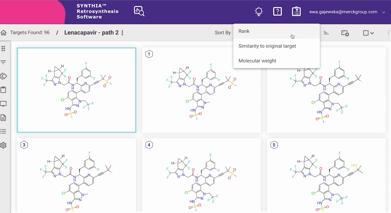 Screenshot of SYNTHIA™ showing the Diversity Library analysis result page, highlighting the selection of starting materials and points of diversity on 96 targets found for Lenacapavir.