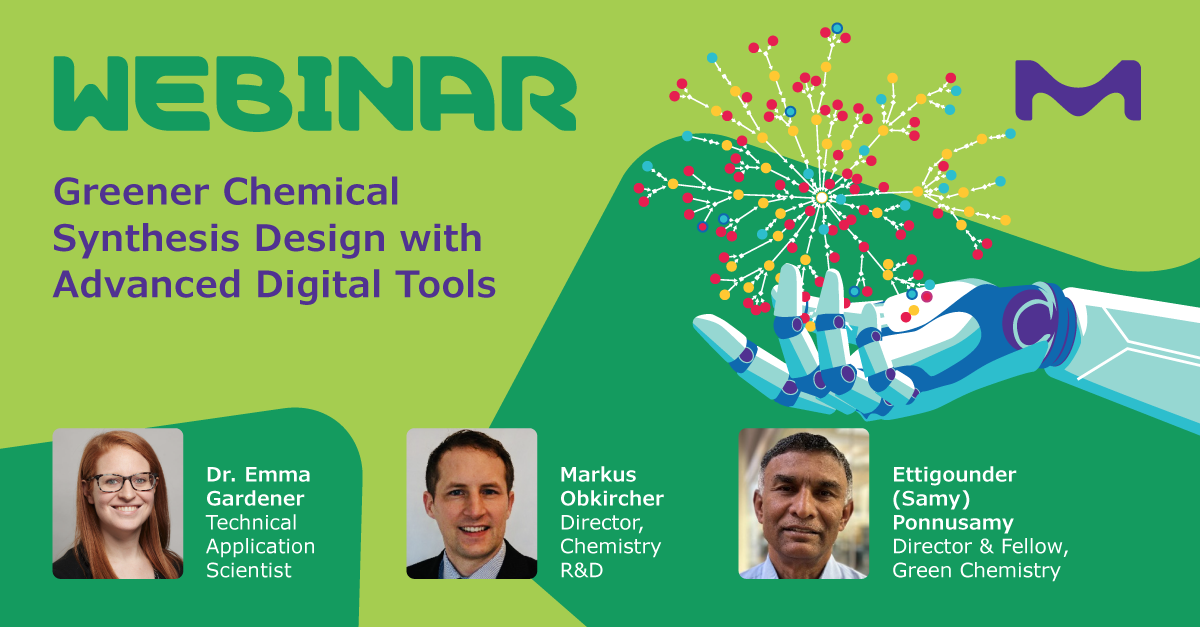 Imagem promocional para o webinar sobre conceção de síntese química mais ecológica utilizando ferramentas digitais avançadas como SYNTHIA™ e DOZN™.