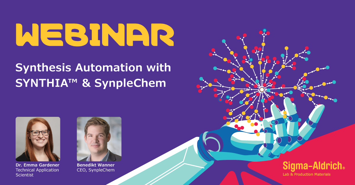 Synthia and Synple Webinar Promotion Promotional image for the webinar featuring Synthia and Synple, focusing on automation in chemical synthesis and retrosynthesis planning.